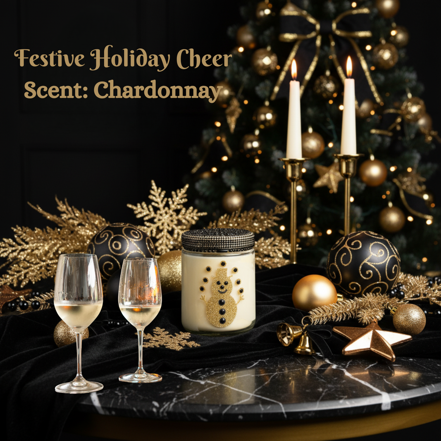 Festive holiday scene with candles, wine glasses, and Christmas tree decorations on a dark surface.
