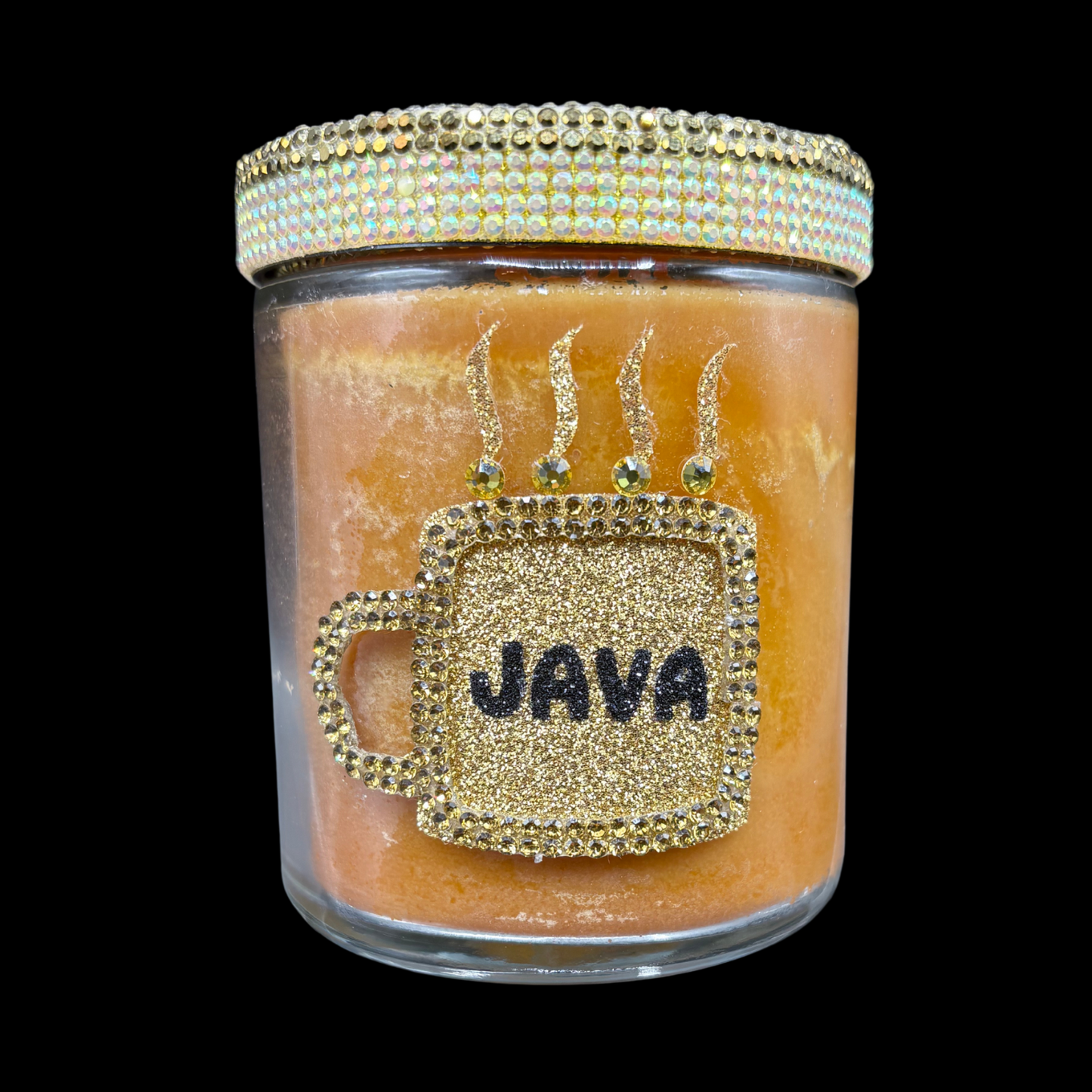 Candle jar with 'JAVA' design and rhinestone lid on a black background