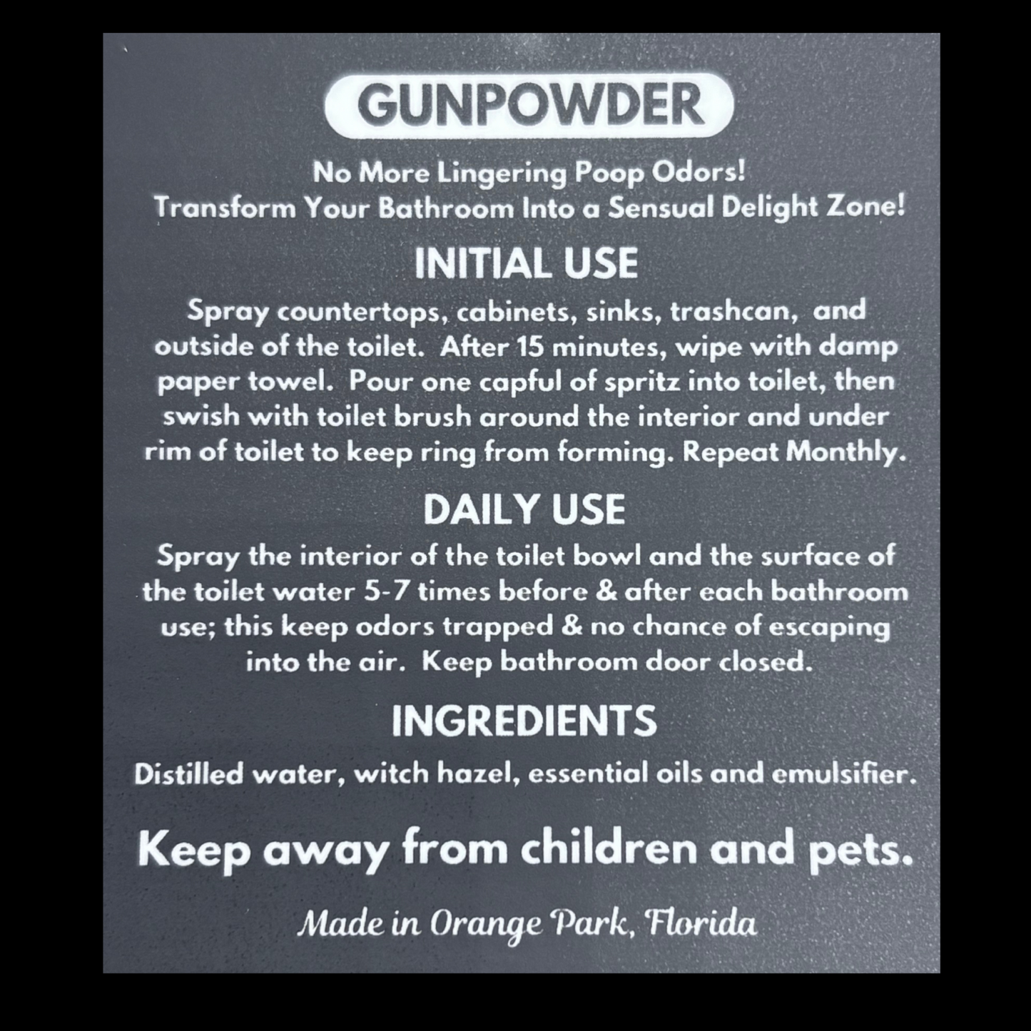Instructions for using a gunpowder product to eliminate bathroom odors on a gray background
