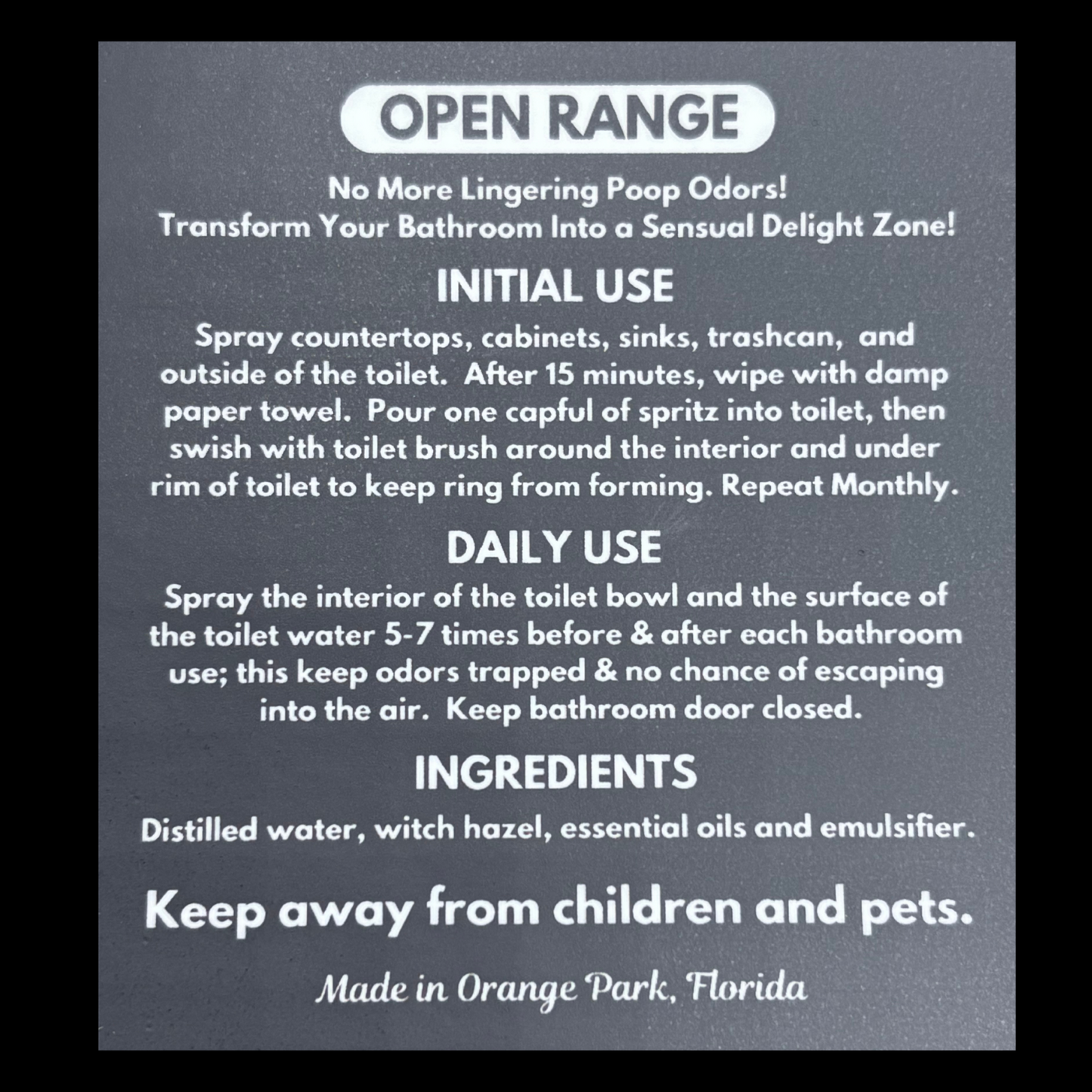 Instructions for using a bathroom odor control product on a gray background