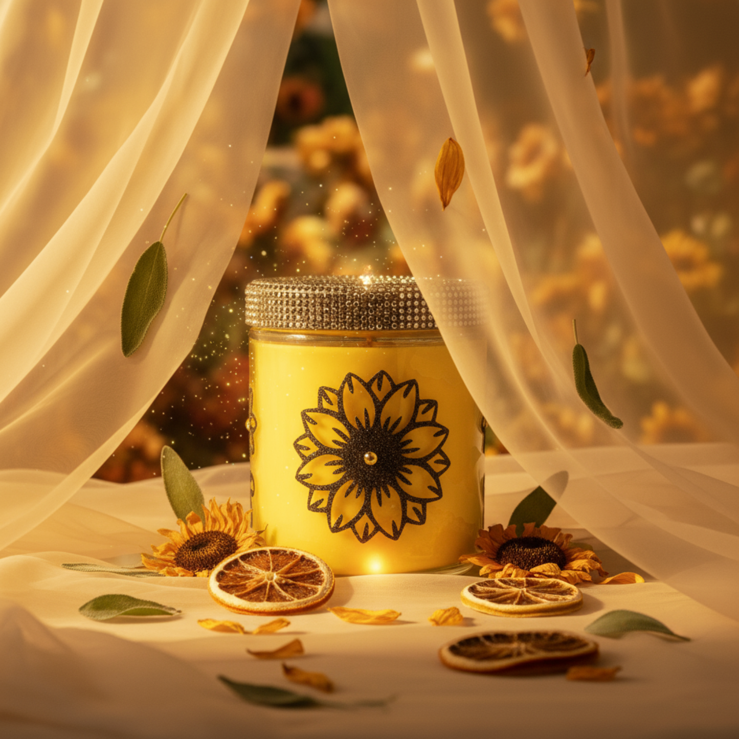 Decorative candle with sunflower design on a table with dried leaves and citrus slices, draped with sheer curtains.