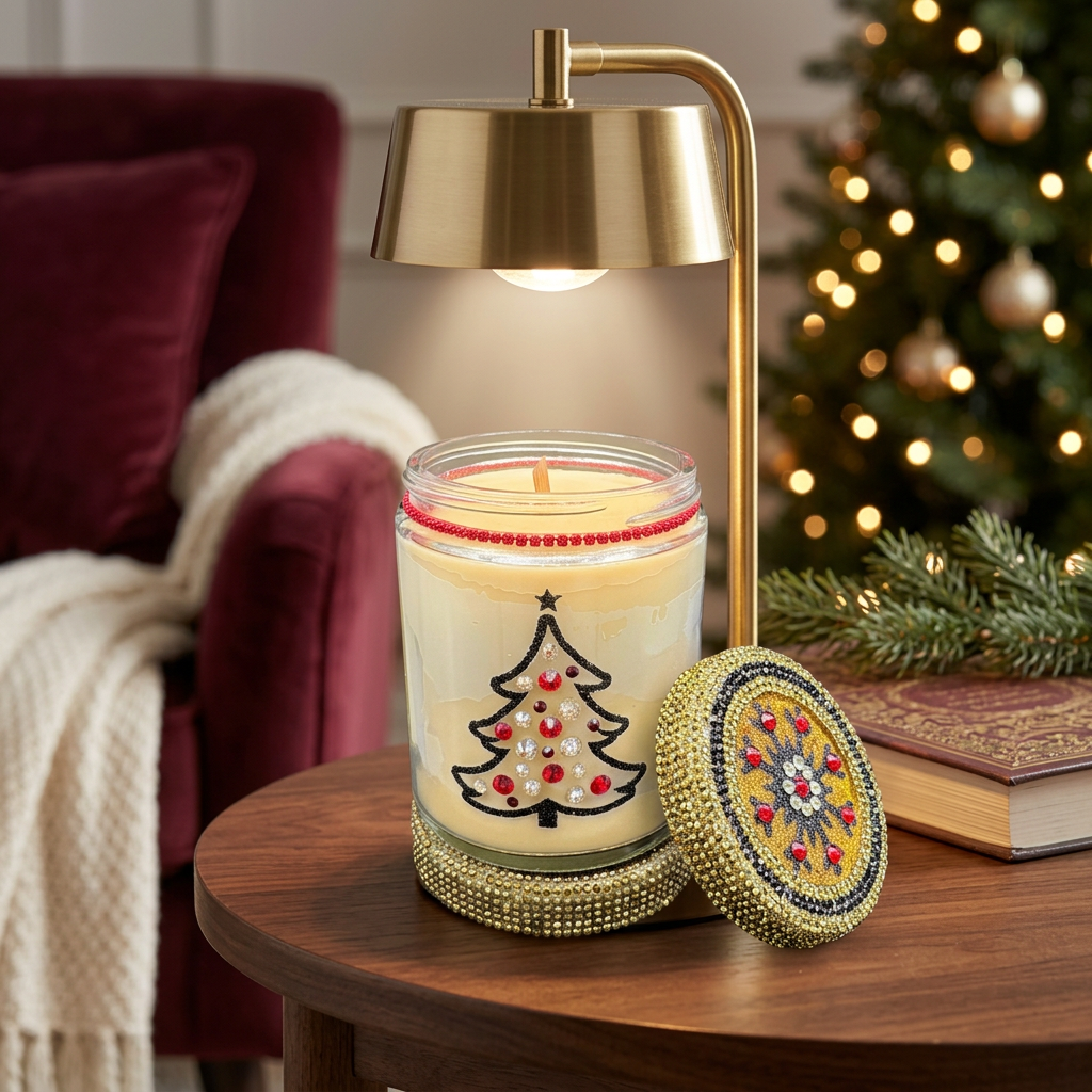 Arabian Wood candle in a luxury holiday lounge beneath a top-down warmer