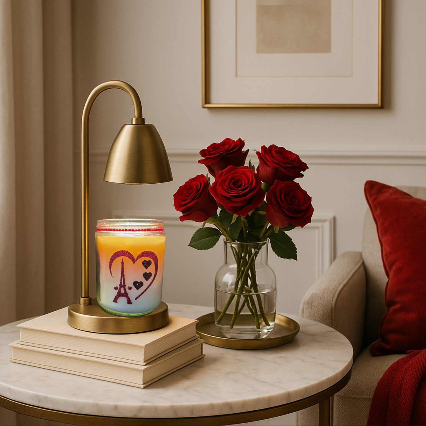 Decorative table setting with a candle, lamp, and vase of red roses on a marble surface.