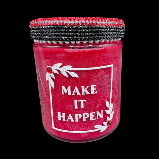 Red jar with 'MAKE IT HAPPEN' text and decorative lid on a black background