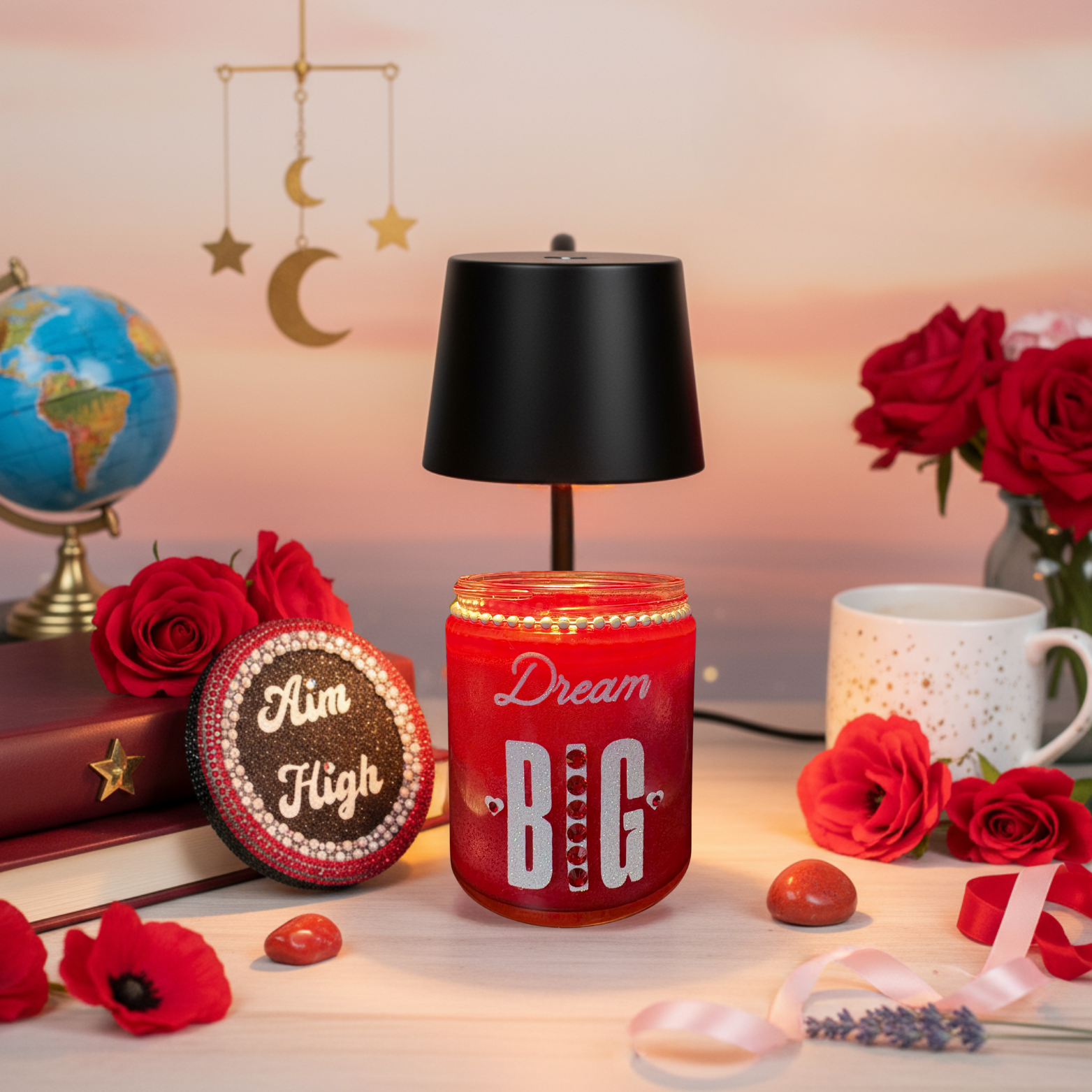 Decorative jar with 'Dream Big' text, surrounded by red roses and books on a table.