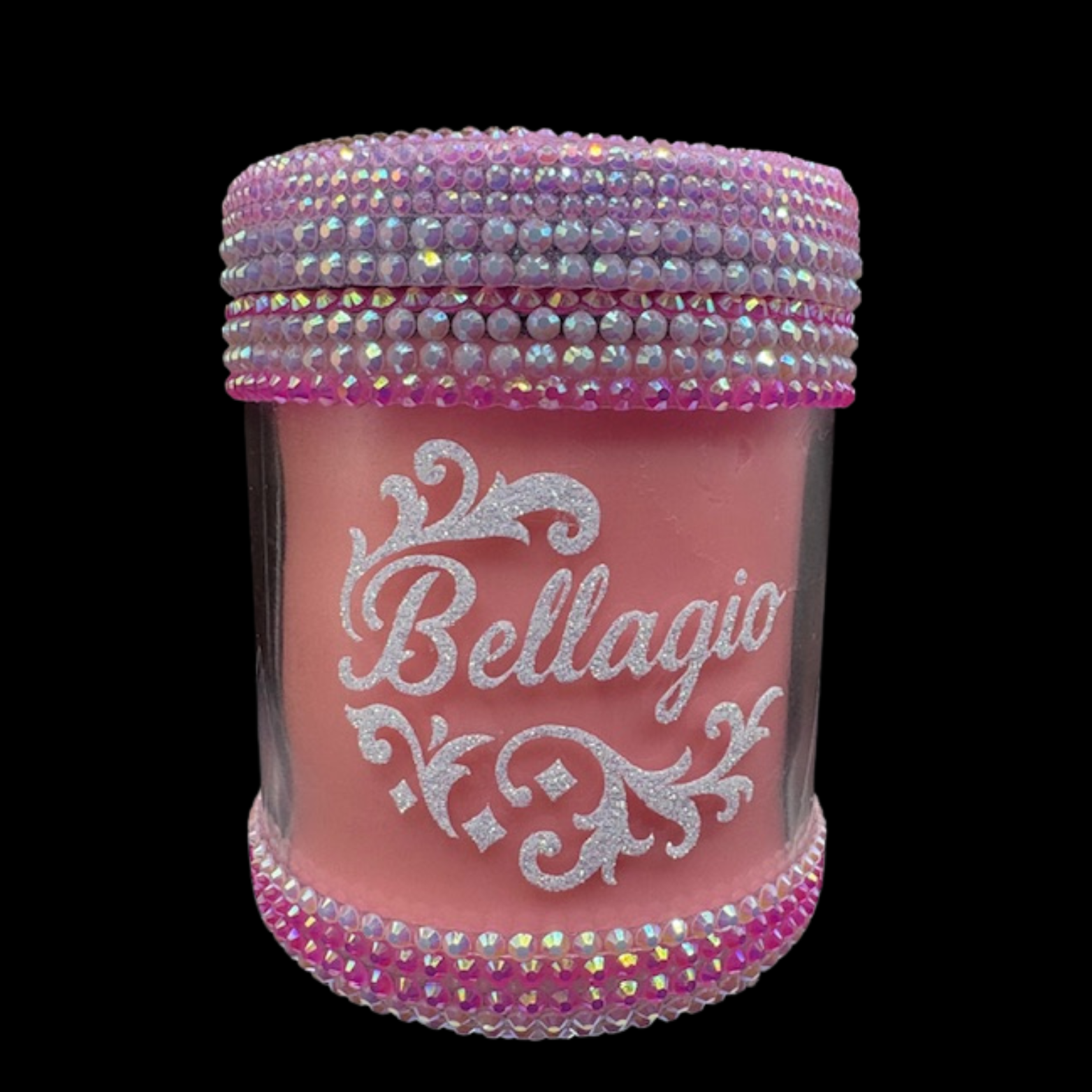 Pink container with 'Bellagio' text and rhinestone embellishments on a black background