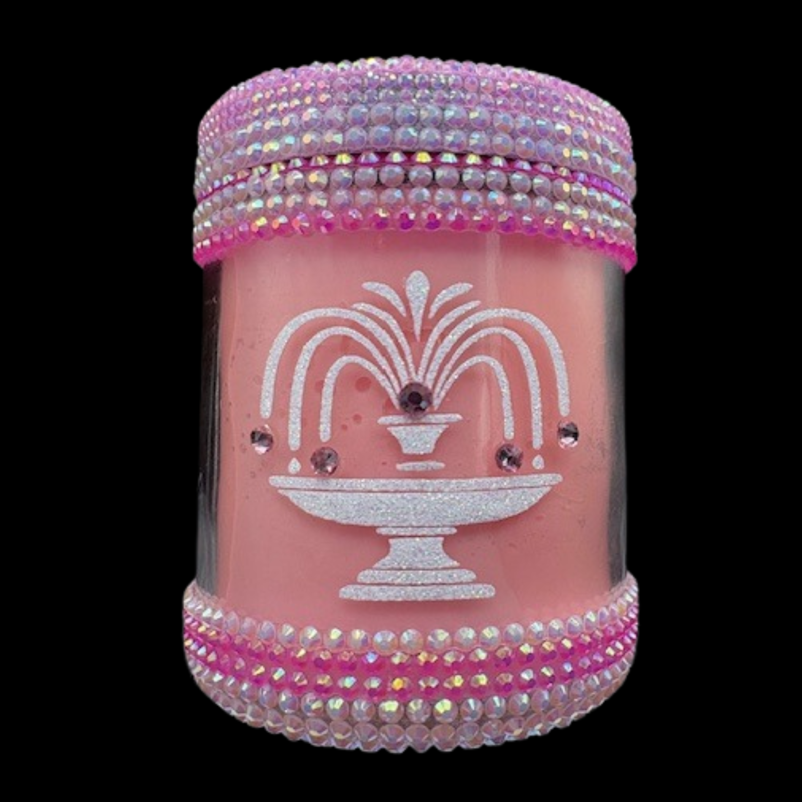 Pink decorative jar with fountain design and rhinestone embellishments on a black background
