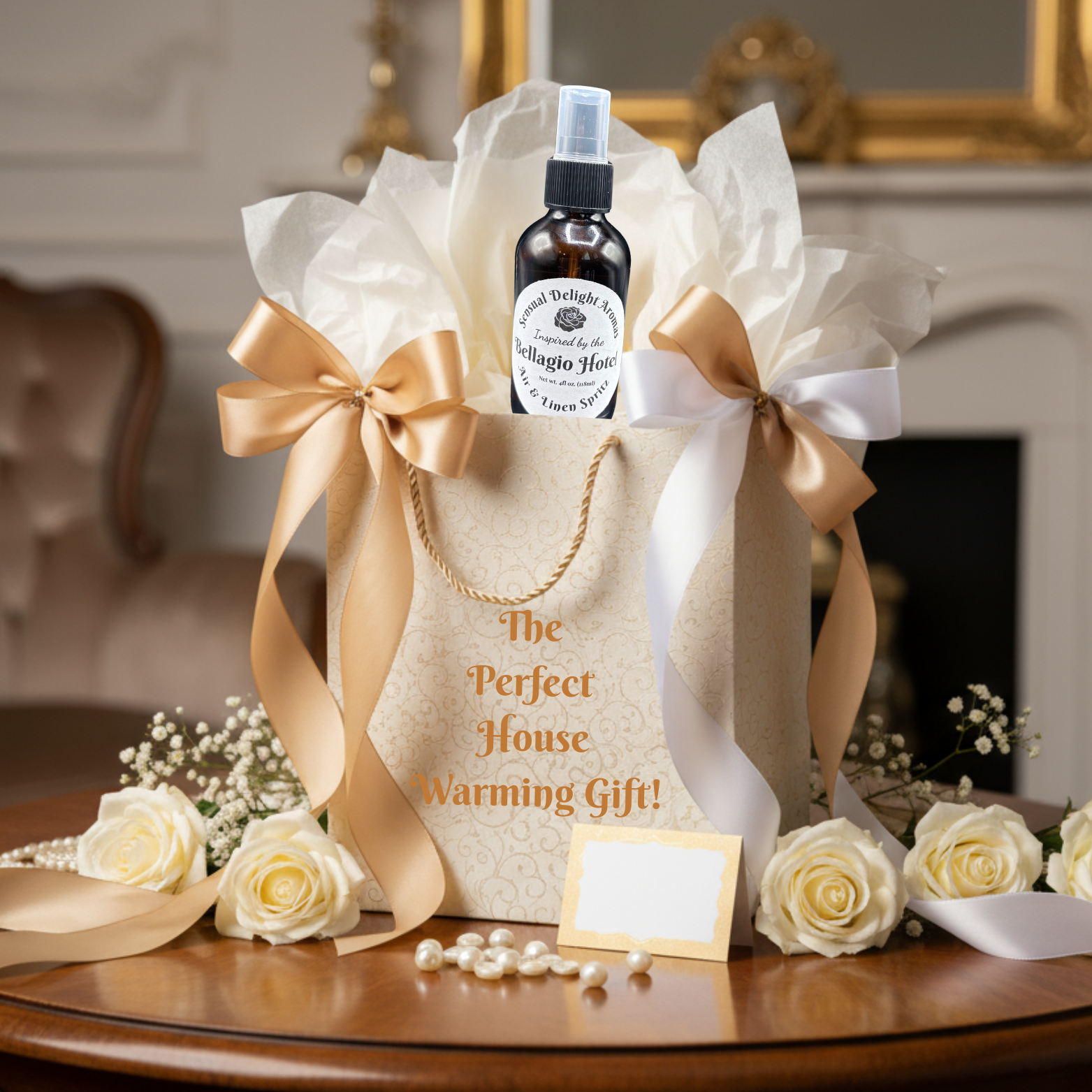 Bottle of alcohol in a decorative gift bag with flowers and pearls on a table.