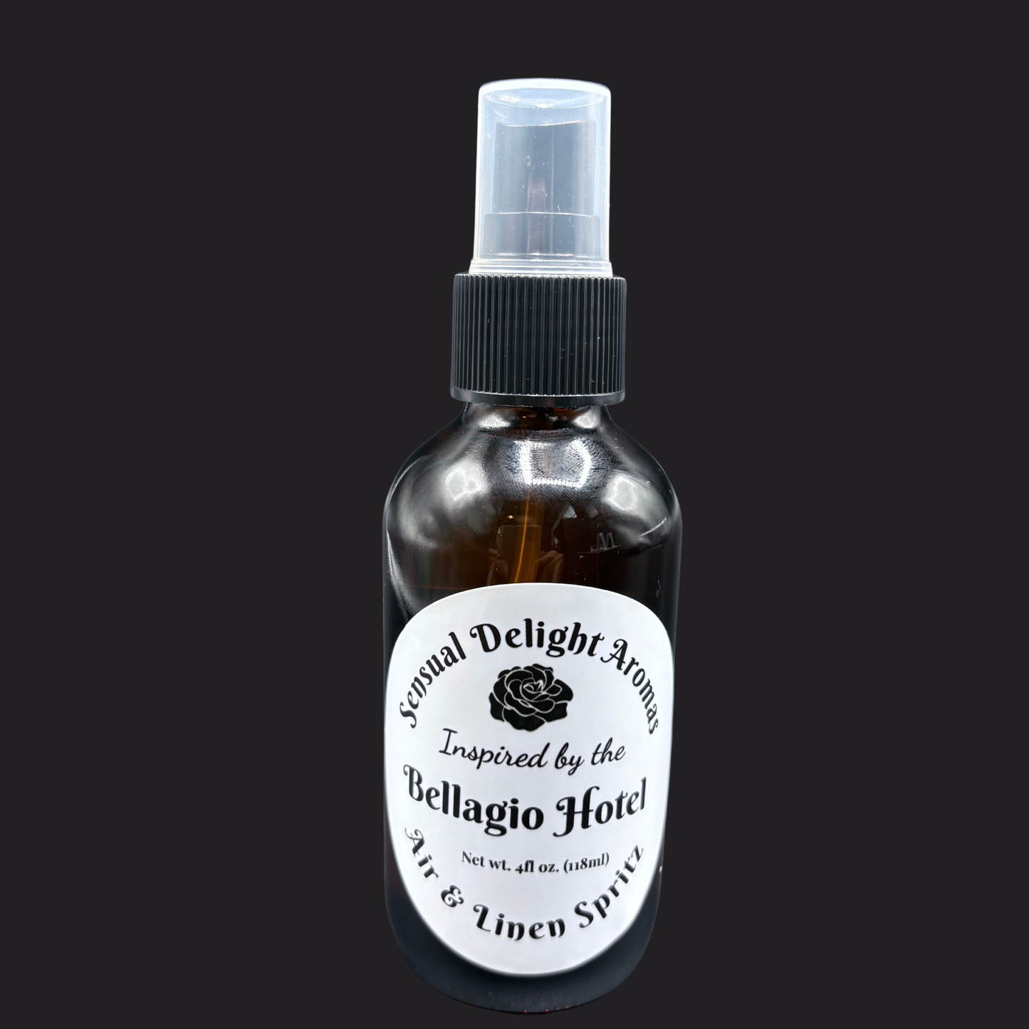 Bottle of 'Sensual Delight Aromas' inspired by the Bellagio Hotel on a black background
