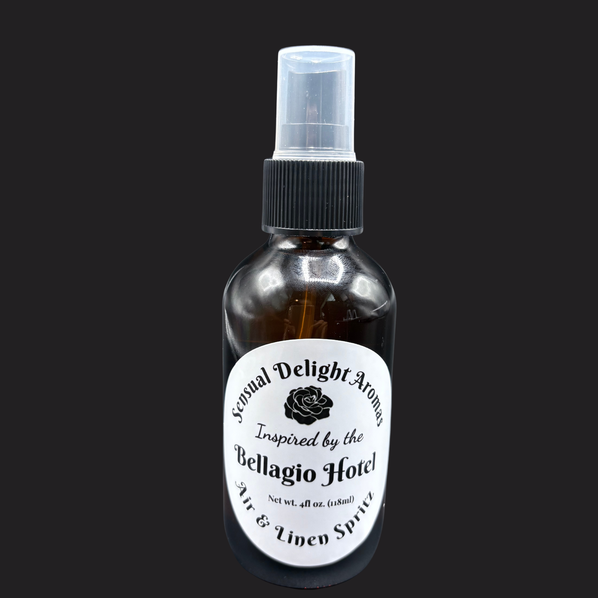 Bottle of 'Sensual Delight Aromas' inspired by the Bellagio Hotel on a black background