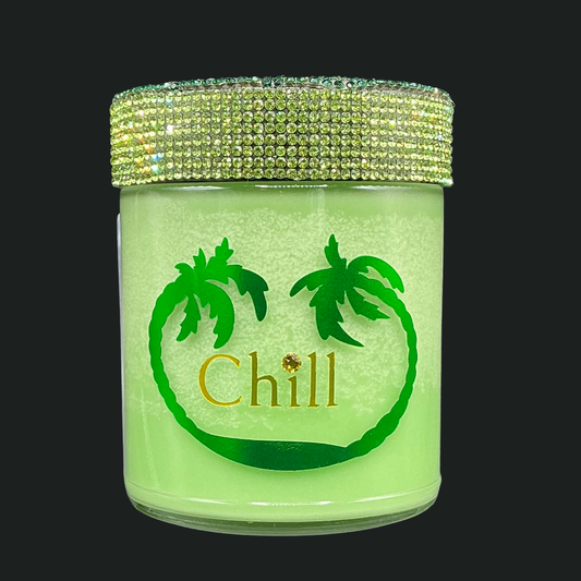 Green jar with palm tree design and 'Chill' text on a black background