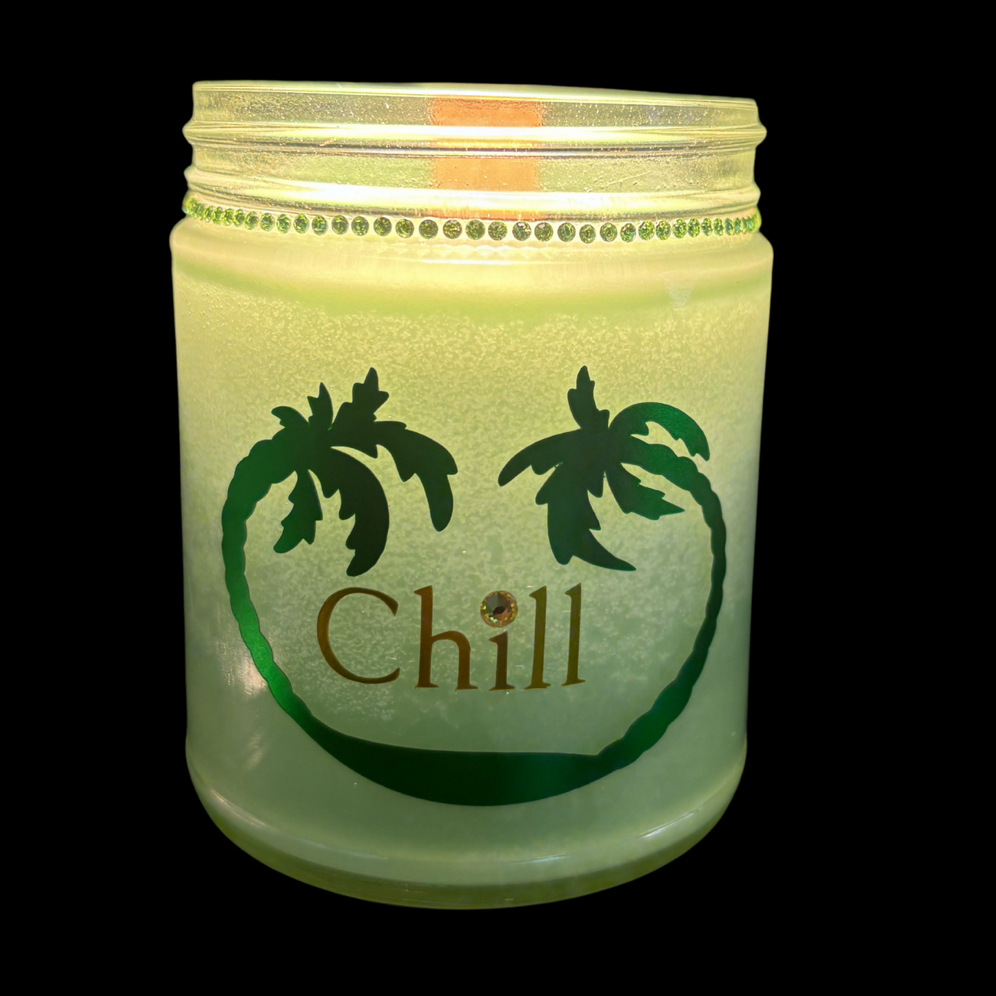 Glowing jar with palm tree design and 'Chill' text on a black background