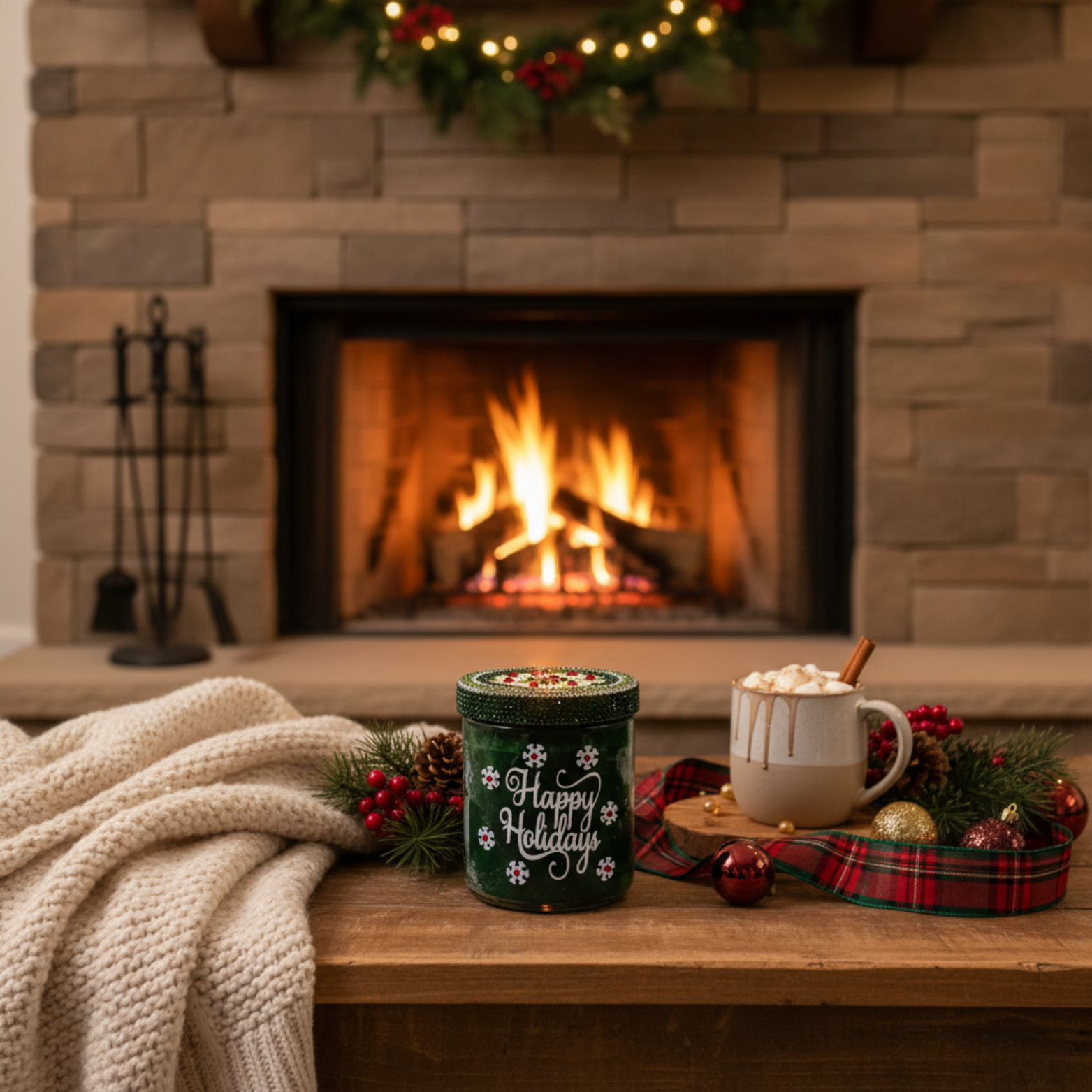 Cozy Christmas scene with a lit fireplace, 'Happy Holidays' candle, and hot chocolate mug.