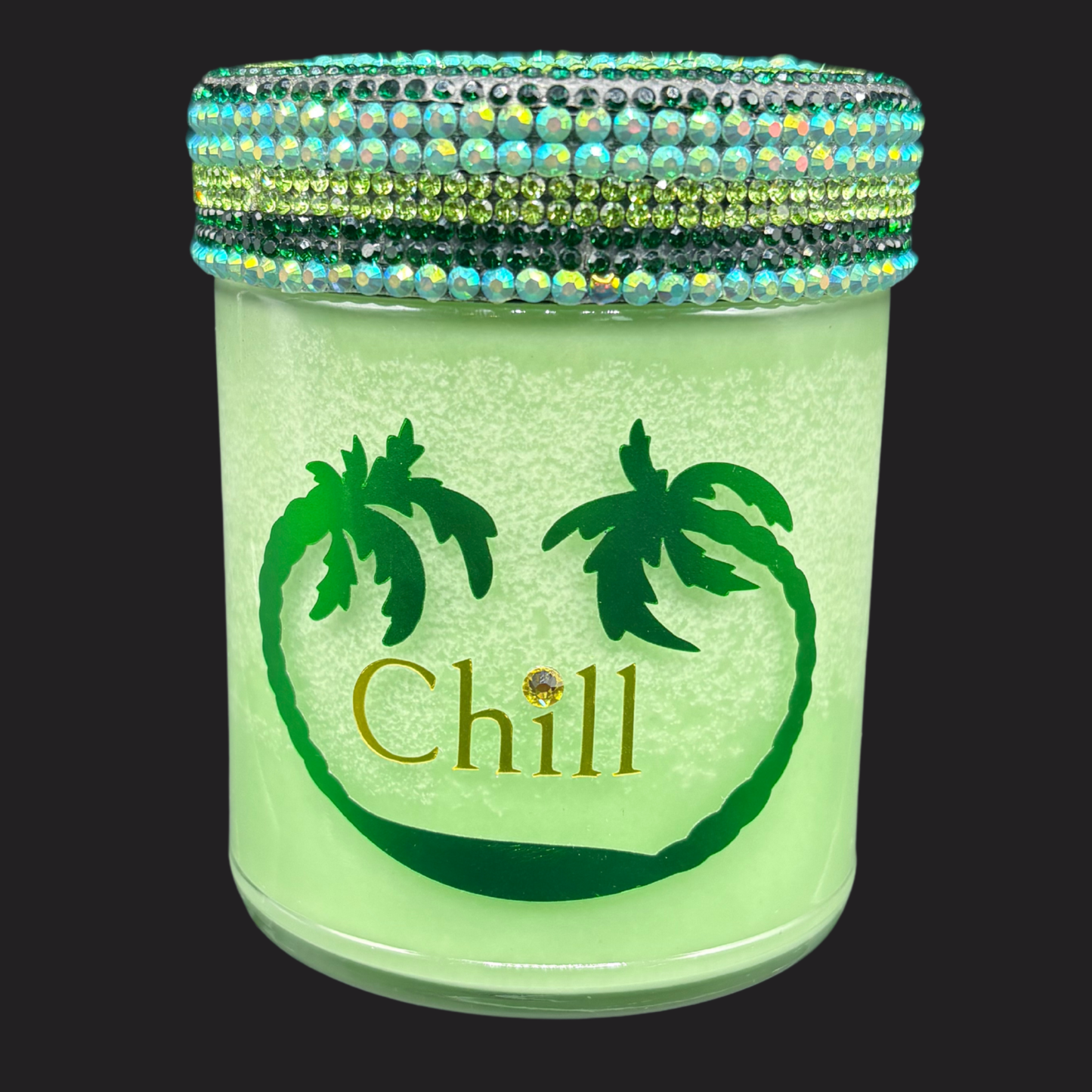 Green jar with palm tree design and 'Chill' text on a black background