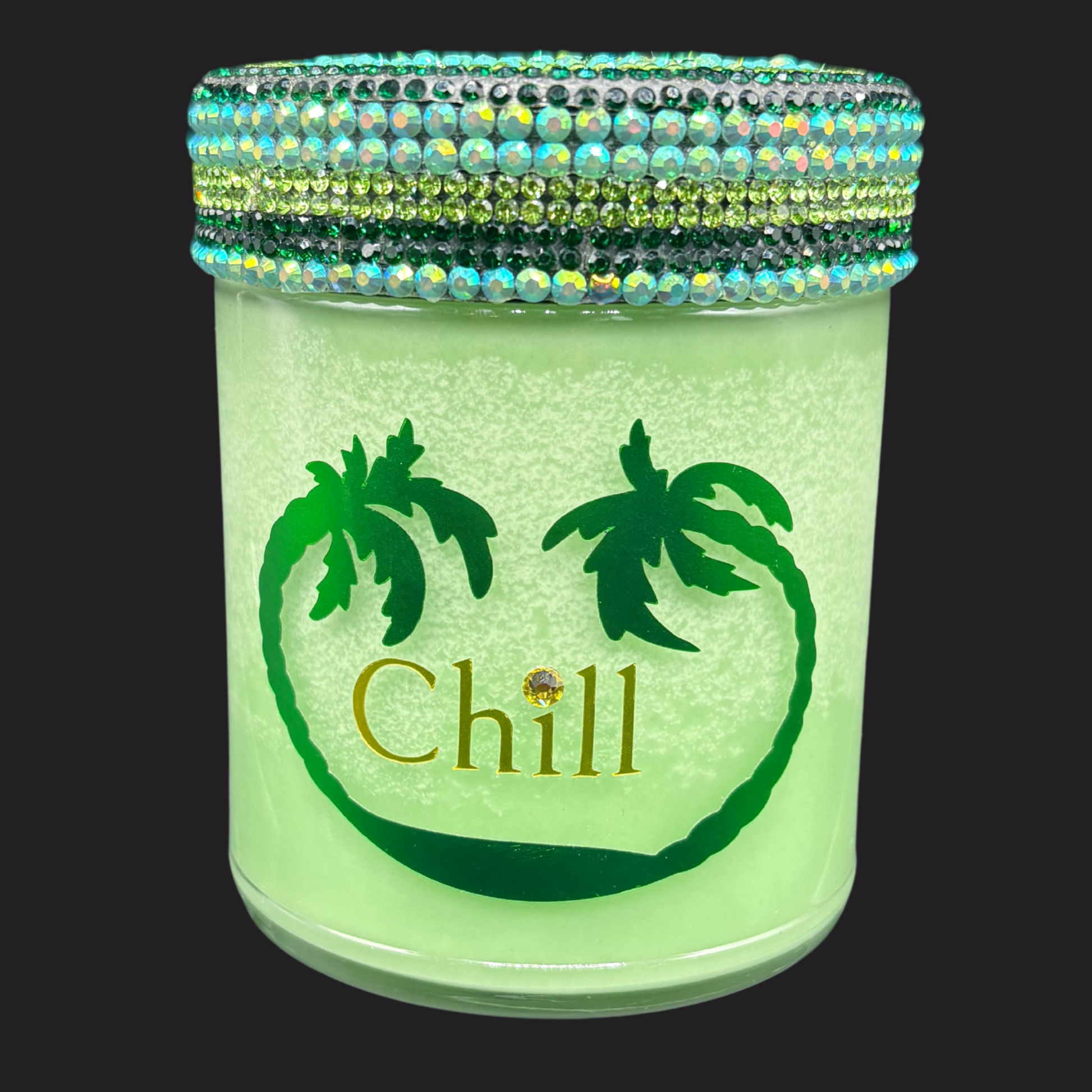 Green jar with palm tree design and 'Chill' text on a black background
