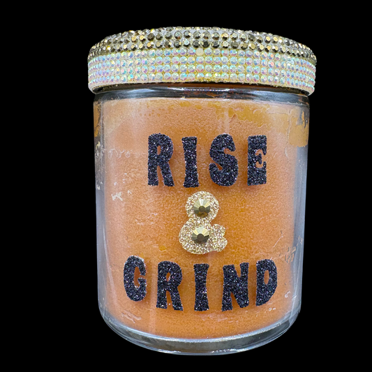 Jar with 'Rise & Grind' text and decorative elements on a black background
