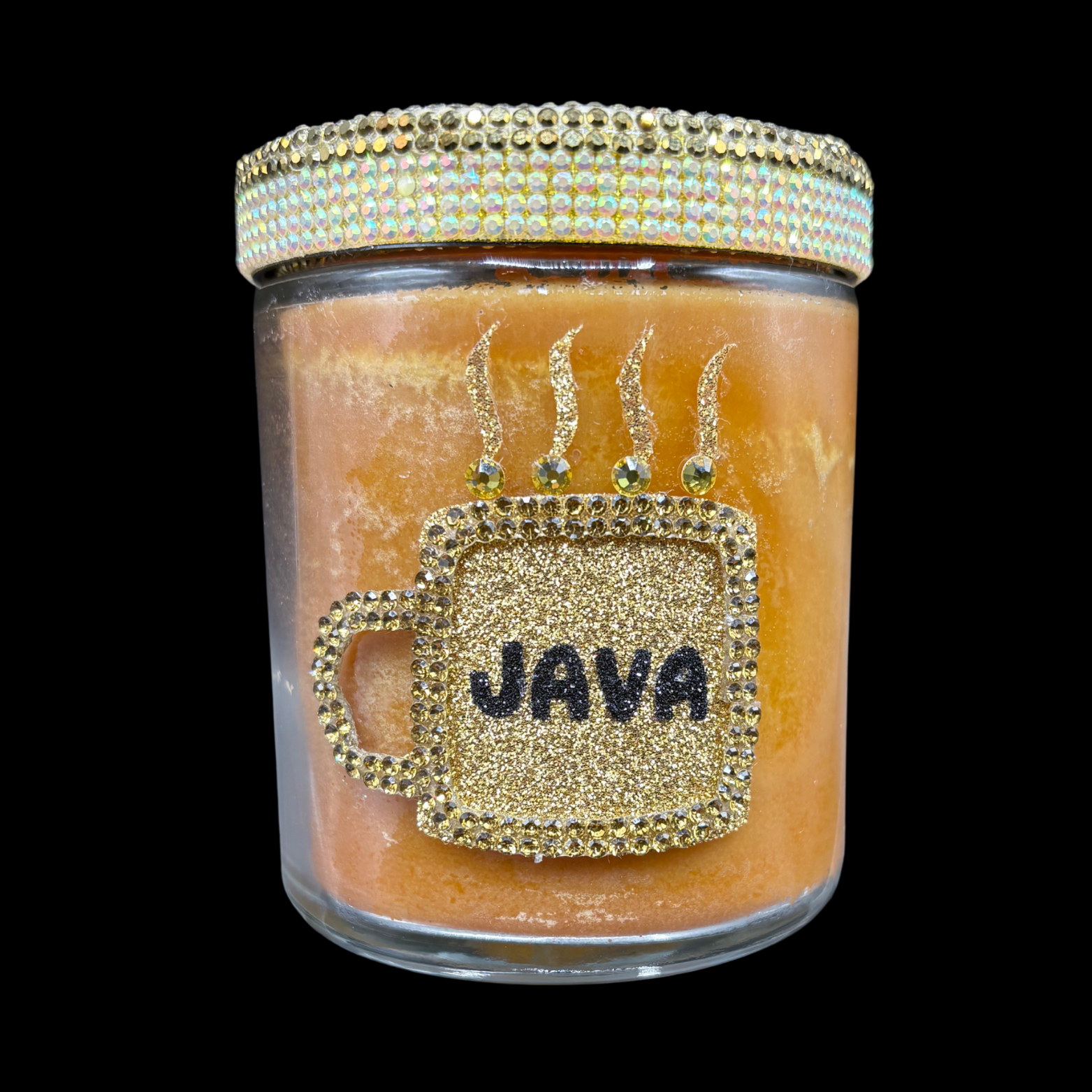 Candle jar with 'JAVA' design and rhinestone lid on a black background