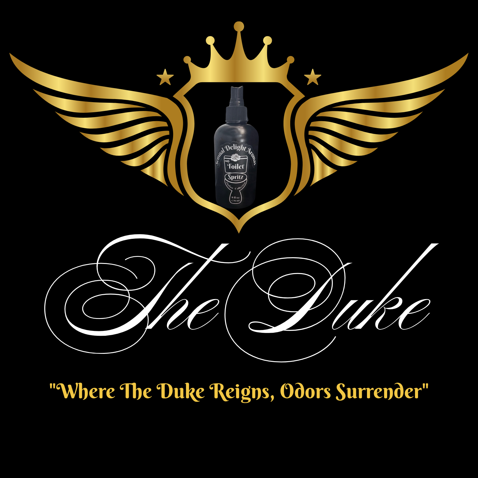 Logo for 'The Duke' with a bottle and wings on a black background