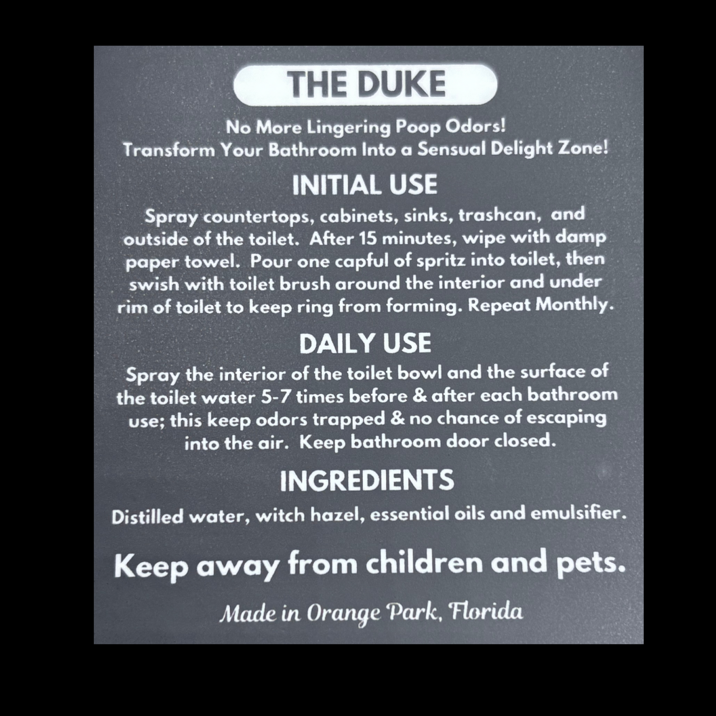The Duke Toilet Spritz - Sophisticated Citrus & Sandalwood Bathroom Spray | Sensual Delight Aromas