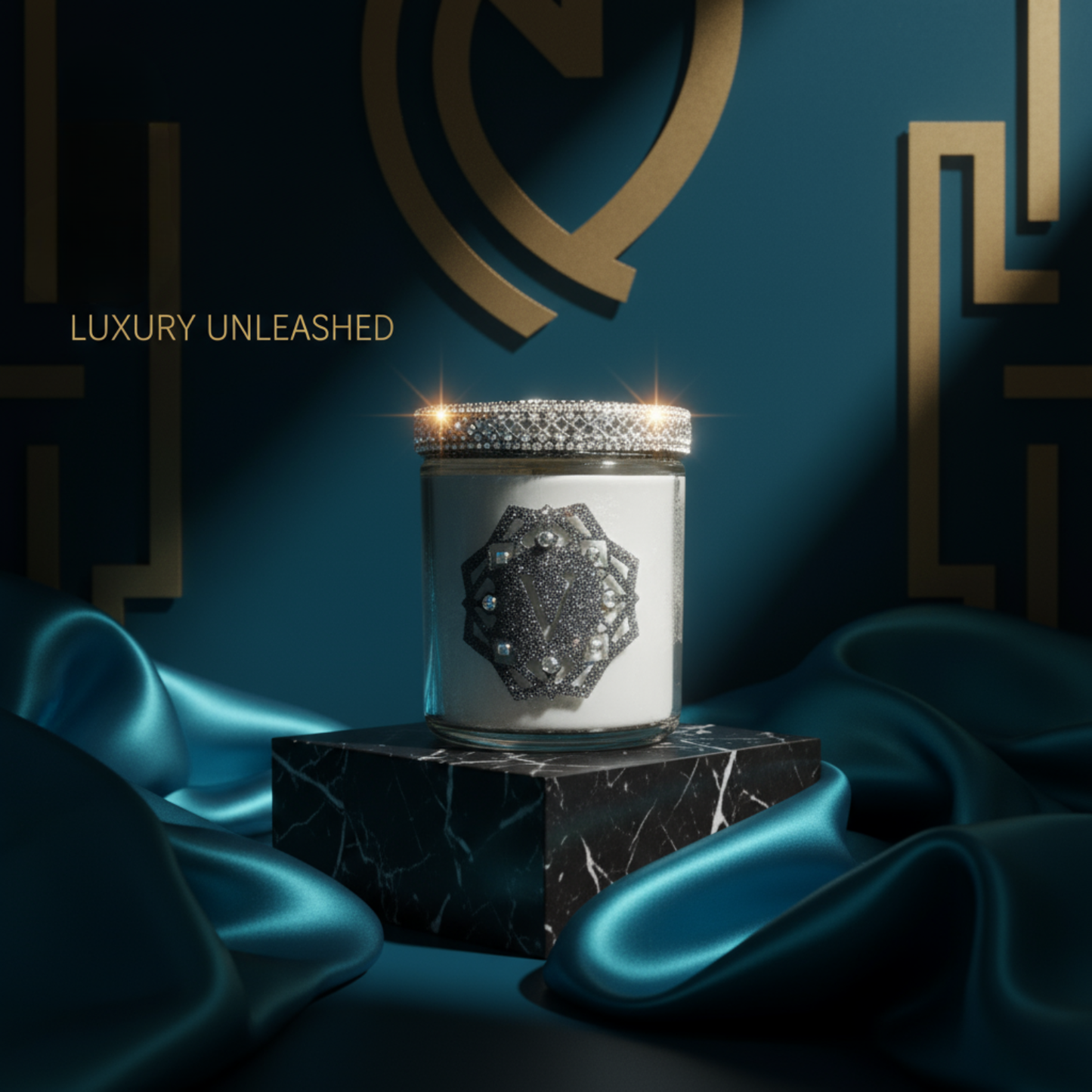 Luxury candle with decorative design on a dark background with 'Luxury Unleashed' text.
