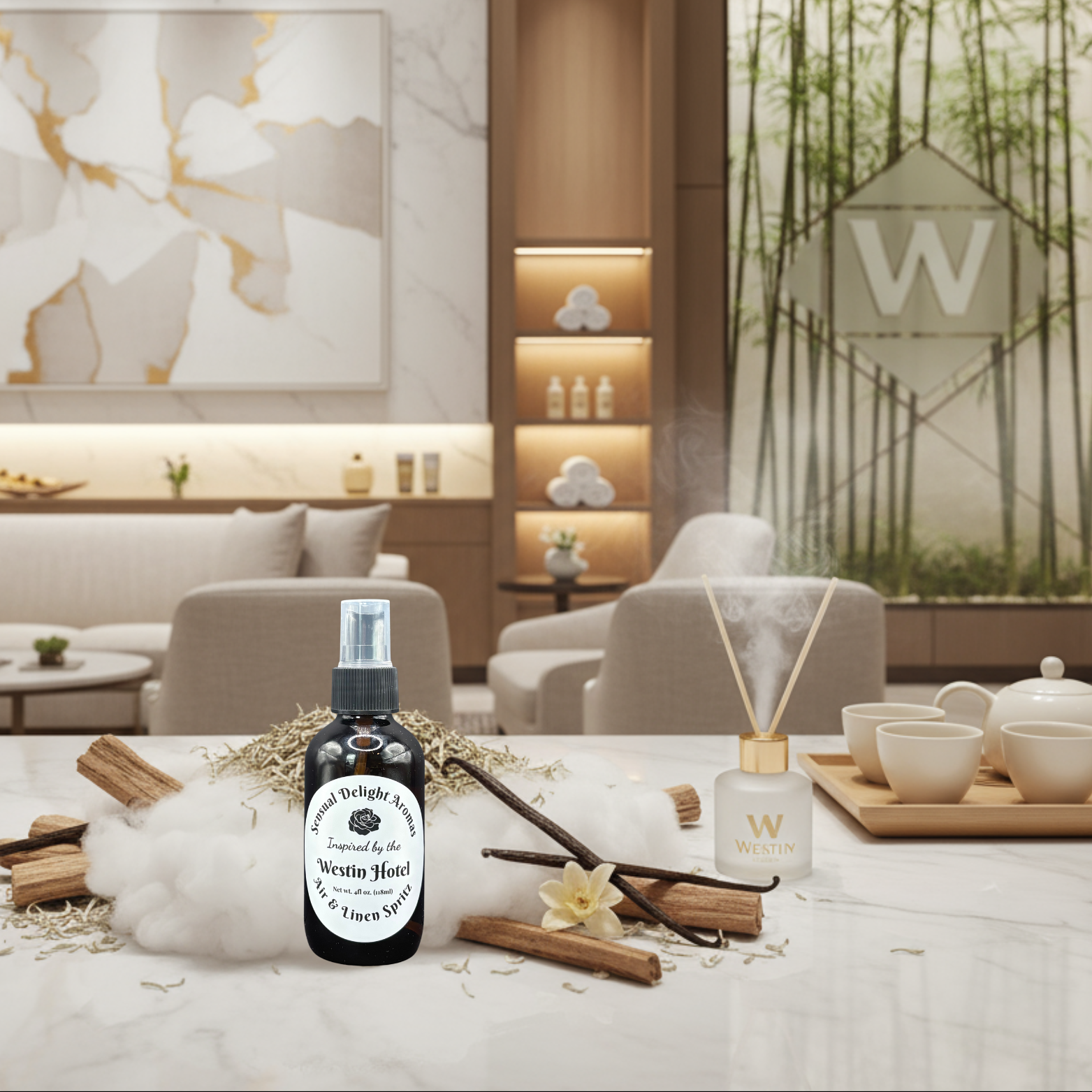 Wynn Hotel linen mist bottle on a table with decor in a stylish room.