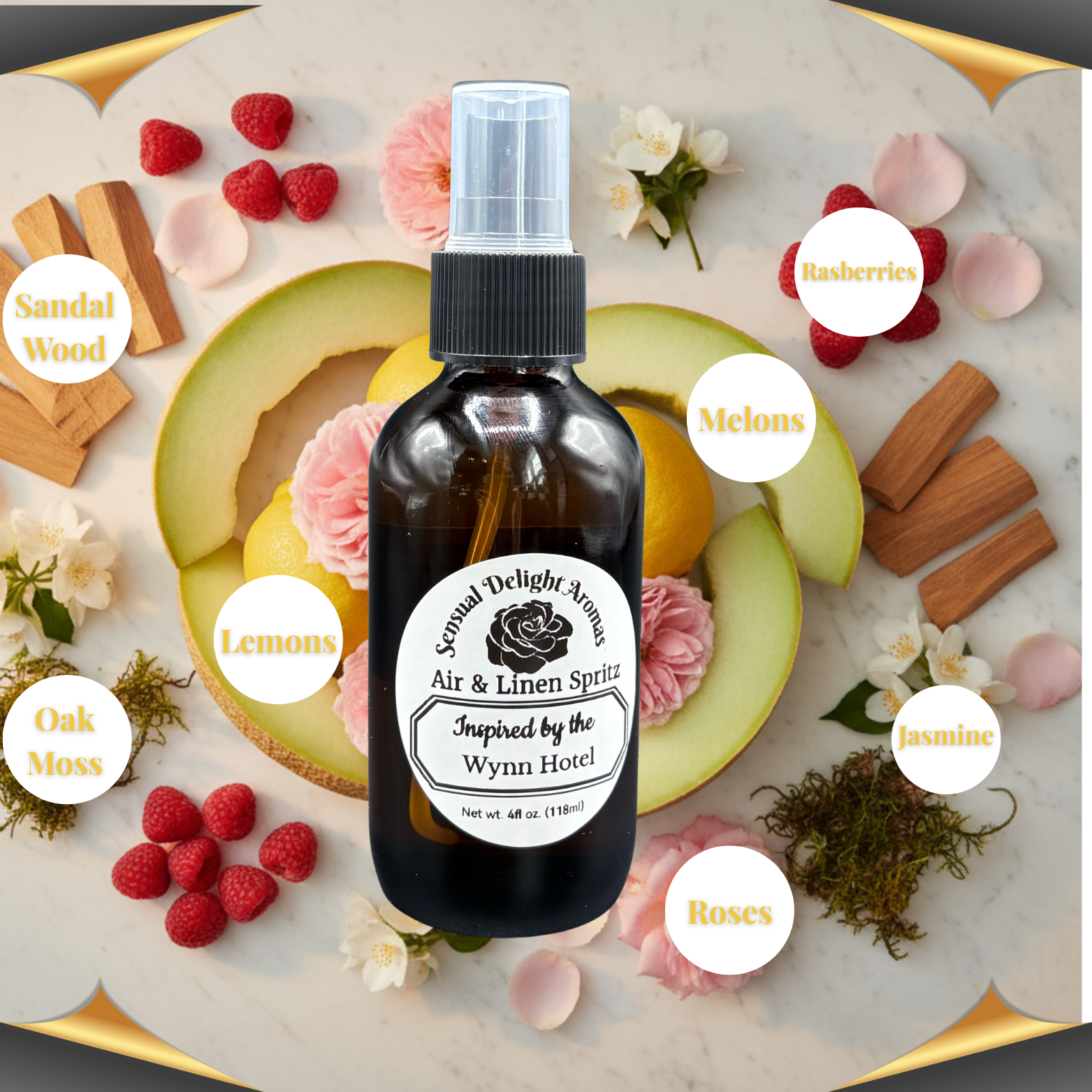 Air and linen spritz bottle surrounded by fruits, flowers, and wood elements on a decorative background.