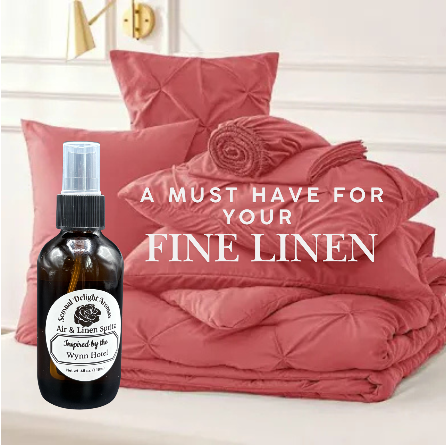 Red bedding set with a bottle of air and linen spray on a white background