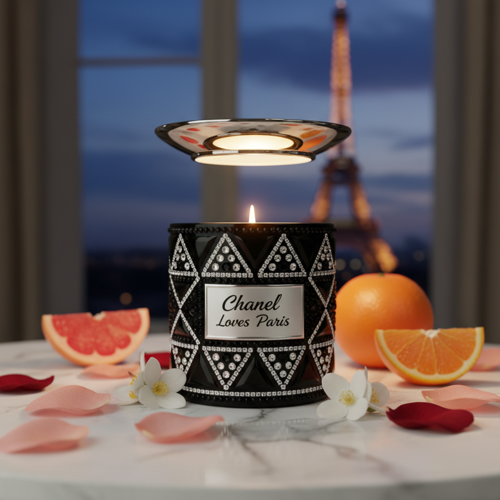 Chanel Loves Paris luxury rhinestone candle with top-down warmer in a Parisian boudoir setting with rose petals and jasmine