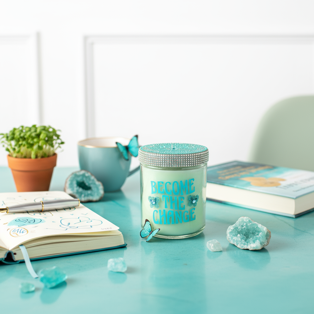 Teaser Image - Become the Change Candle (Aqua Tones, Less Butterflies)